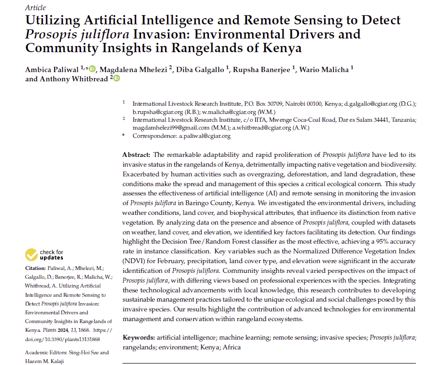 Check out our latest publication on use of AI and Remotesending for detecting invasive speicies through a case in Baringo county in Kenya...
mdpi.com/2223-7747/13/1… <a href="/PaliwalAmbica/">Ambica Paliwal</a> <a href="/ILRI/">ILRI.org</a>