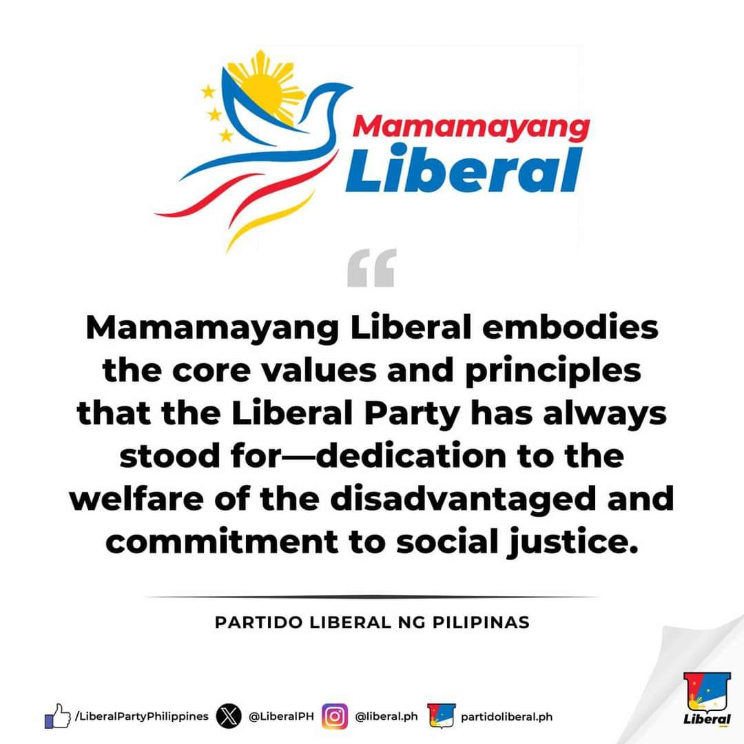 manayleila's tweet photo. Statement of the Liberal Party
6 July 2024

Nagpapasalamat ang Partido Liberal sa Commission on Elections (COMELEC) sa pagbibigay nito ng akreditasyon sa aming sectoral wing na Mamamayang Liberal (ML). Napakahalaga ng pagkilalang ito sa aming misyon na isulong ang kapakanan ng mga kababayan nating nasa laylayan.

Mamamayang Liberal embodies the core values and principles that the Liberal Party has always stood for—dedication to the welfare of the disadvantaged and commitment to social justice. Having worked with marginalized groups for a long time, its accreditation as a party-list group is crucial, as it will enable our sectoral wing to participate in next year's party-list elections.

Binabati namin si dating Congressman Teodoro Baguilat, Jr., pangulo ng ML, at lahat ng aming katuwang sa pakikinig, pakikipagtulungan, at paglilingkod sa mga marhinalisadong sektor. Nagpapasalamat din kami sa mga patuloy na sumusuporta at tumitindig kasama namin sa pagtiyak na walang maiiwan at mapapabayaan sa ating pagkamit ng mas maunlad, mas ligtas, at mas makatarungang Pilipinas.