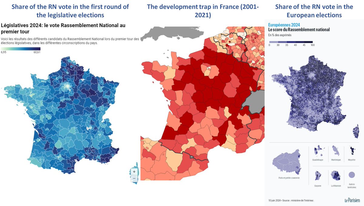 rodriguez_pose's tweet image. Long-term economic stagnation fuels frustration &amp;amp; disaffection in #France.
The recent #RassemblementNational vote is concentrated in regions stuck in a #DevelopmentTrap.
Unlocking these regions&apos; potential is key to quelling #discontent.
#legislatives2024 doi.org/10.1080/001300…