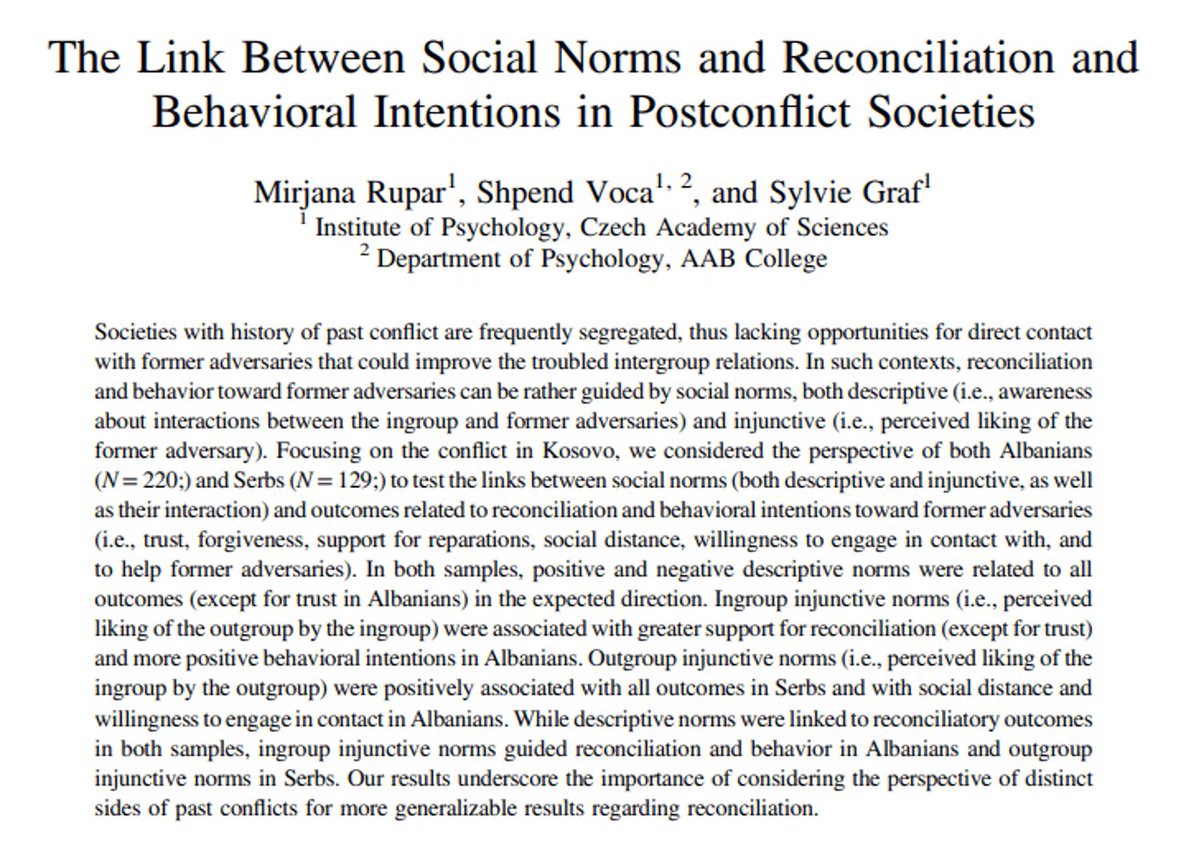 Peace and Conflict: Journal of Peace Psychology (@pac_journal) on Twitter photo <a href="/lauraktaylorPHD/">Laura K Taylor 💙💛</a> <a href="/socialpsychUK/">BPS Social Psychology Section</a> <a href="/PJSAtweets/">Peace&JusticeStudies</a> <a href="/Peacebuilding_/">Peacebuilding Journal</a> <a href="/camartinez_m/">Cristhian A. Martínez</a> <a href="/PCRCBiH/">Post-Conflict Research Center (PCRC)</a> <a href="/Blerina_Kellezi/">Dr Blerina Këllezi</a> <a href="/drjwakefield/">Dr. Juliet Wakefield</a> <a href="/ProfClifStev/">Clifford Stevenson</a> This paper by Mirjana Rupar, Shpend Voca, & Sylvie Graf provide evidence about the link between #socialnorms and #intergrouprelations in #postconflict #societies.
doi.org/10.1037/pac000… <a href="/lauraktaylorPHD/">Laura K Taylor 💙💛</a> <a href="/socialpsychUK/">BPS Social Psychology Section</a> <a href="/PJSAtweets/">Peace&JusticeStudies</a> <a href="/Peacebuilding_/">Peacebuilding Journal</a> <a href="/camartinez_m/">Cristhian A. Martínez</a> <a href="/PCRCBiH/">Post-Conflict Research Center (PCRC)</a> <a href="/Blerina_Kellezi/">Dr Blerina Këllezi</a> <a href="/drjwakefield/">Dr. Juliet Wakefield</a> <a href="/ProfClifStev/">Clifford Stevenson</a> This paper by Mirjana Rupar, Shpend Voca, & Sylvie Graf provide evidence about the link between #socialnorms and #intergrouprelations in #postconflict #societies.
doi.org/10.1037/pac000…