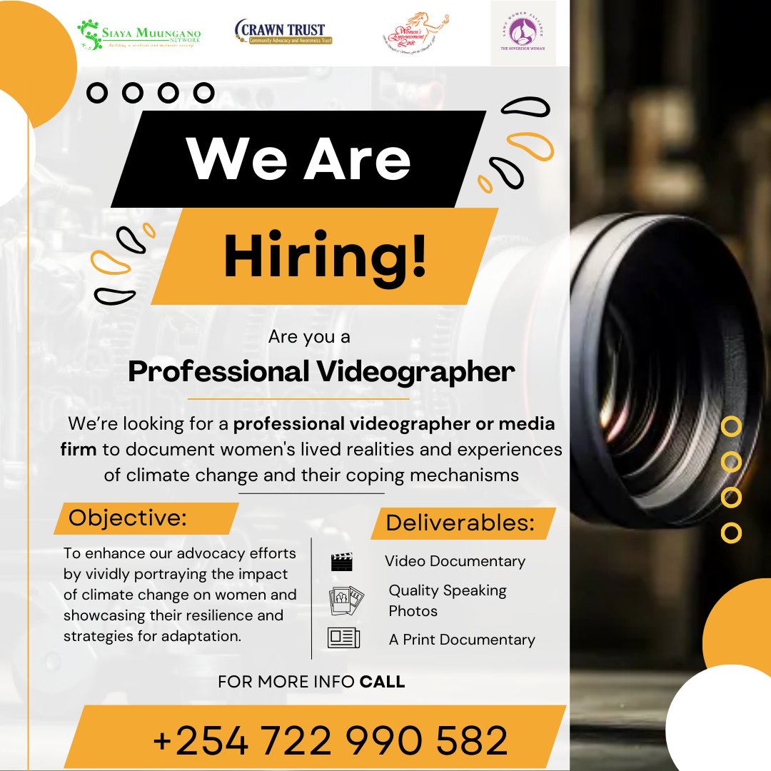 #IkoKaziKe! @SiayaNetwork partnering with <a href="/WEL2030_/">Women's Empowerment Link (WEL)</a>, <a href="/Lamuwomenallia1/">Lamu Women Alliance (LAWA)</a> &amp; <a href="/crawntrustkenya/">CRAWN TRUST</a> seeks to engage a consultant in field of videography, photography &amp; story writing. Interested? Contact us by latest 22nd/7/2024. Visit ln.run/EfOBv for more, also see poster below.