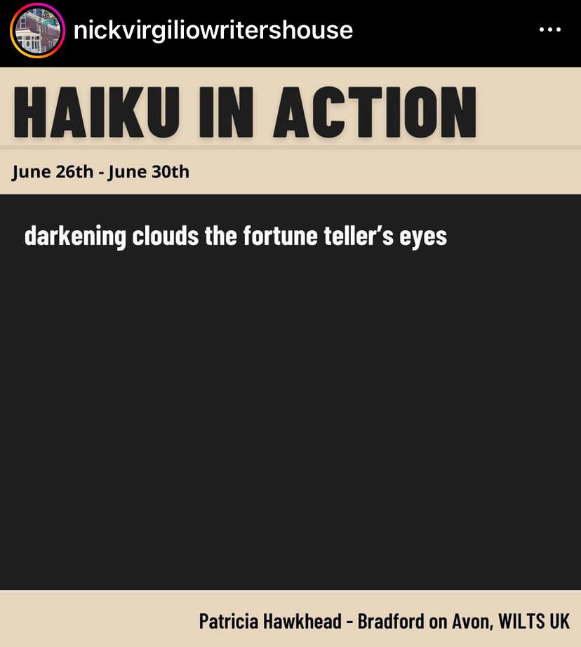 Honoured to be in the latest Haiku in action from <a href="/NVWritersHouse/">Nick Virgilio Haiku Association</a> Camden, New York with this monoku on the theme of ‘Carnival’ :

darkening clouds the fortune teller’s eyes

#haiku #senryu #monoku #carnival #micropoetry #writingcommunity