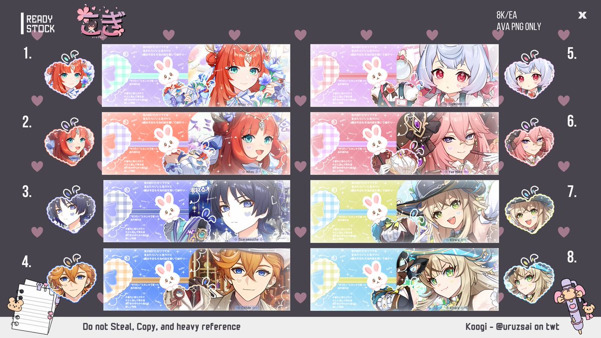 uruzsai's tweet photo. Help rt boleh ? Makasih ✨💕

Haloo ~ Koogi kembali bawa layout ready Genshin (art streaming) nih !!
Price 5-8k

Bisa langsung di take jika berminat yaa ✨

Lessgooo jajan 💕
#zonauang #zonajajan https://t.co/cuxUSW3kO4