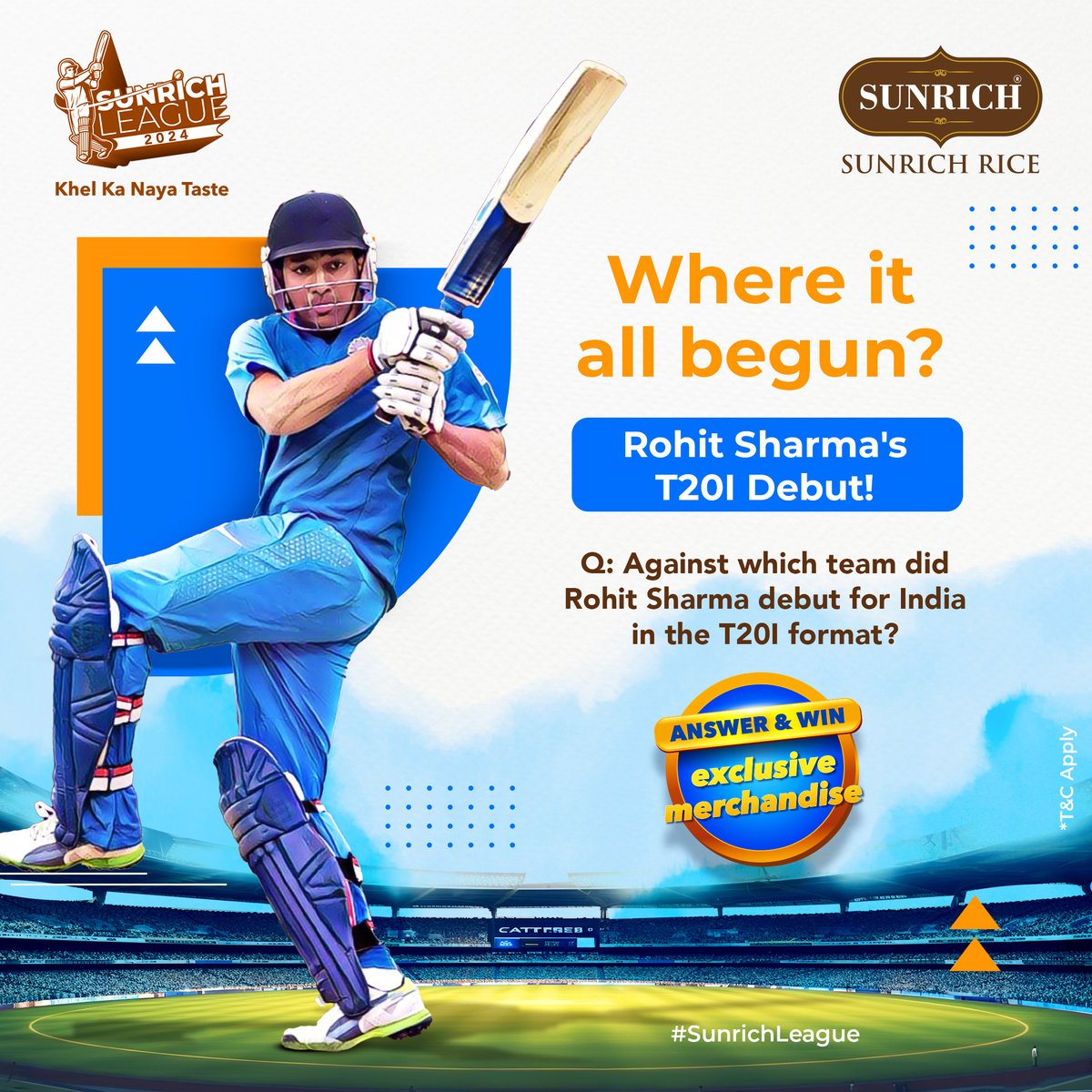 SunrichRice's tweet photo. 𝐆𝐮𝐞𝐬𝐬 𝐭𝐡𝐞 𝐝𝐞𝐛𝐮𝐭 𝐦𝐚𝐭𝐜𝐡 𝐚𝐧𝐝 𝐰𝐢𝐧 𝐛𝐢𝐠!

Hint: It was during a match in Durban on September 19, 2007.

Here’s how you can play:
1️. Follow @sunrichrice 
2️. Tag us in your answers
3️. Share this post
*T&amp;Cs Apply

#SunrichRice #ThankYouRohit #HitmanSpecial https://t.co/LHjzkuXQei