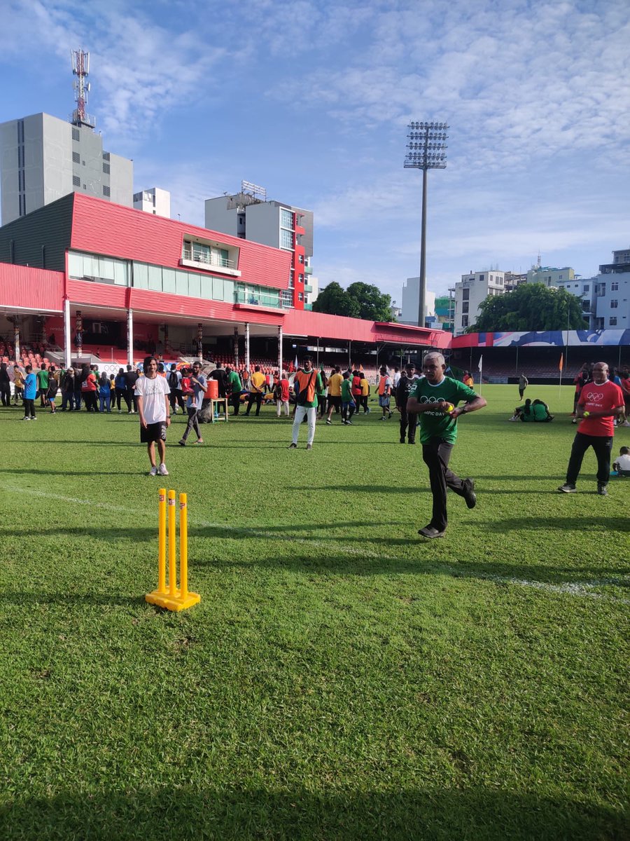 maldivescricket's tweet photo. CBM joined the @olympicmv #OlympicDay festivities today. 

As the newest Olympic sport we were excited to showcase cricket and let the dignitaries and participants have a go with bat &amp; ball. @ICC https://t.co/qNVKnCGkcA