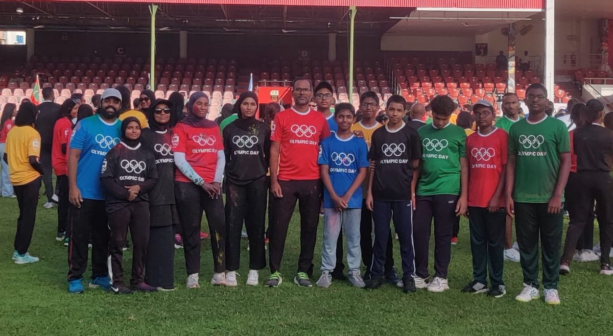 maldivescricket's tweet photo. CBM joined the @olympicmv #OlympicDay festivities today. 

As the newest Olympic sport we were excited to showcase cricket and let the dignitaries and participants have a go with bat &amp; ball. @ICC https://t.co/qNVKnCGkcA