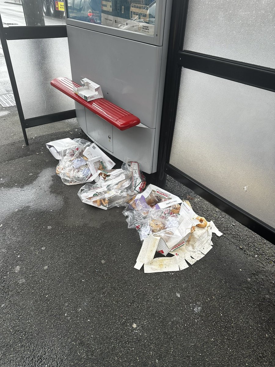 CatherineShir's tweet photo. @krispykremeUK This rubbish was dumped at a bus stop outside the New Malden drive thru. Seems like it came direct from the shop. Not acceptable. https://t.co/64Y3xZIpQj