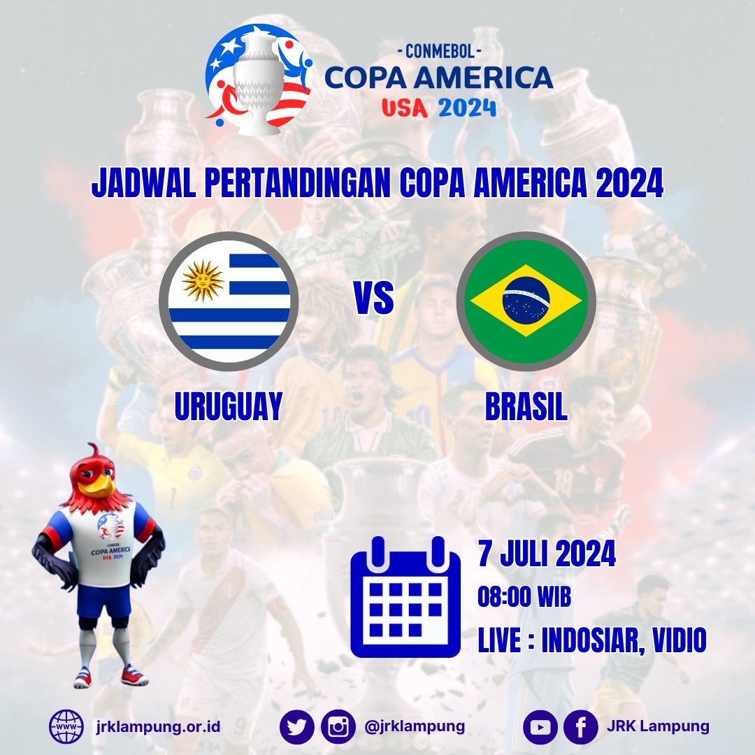 Jadwal Copa America 2024

Uruguay vs Brasil      

7 Juli 2024 (08:00)

Live  Indosiar &amp; Vidio

#copaamerica
#football
#sepakbola
#jrklampung
#jrkl
#lampung