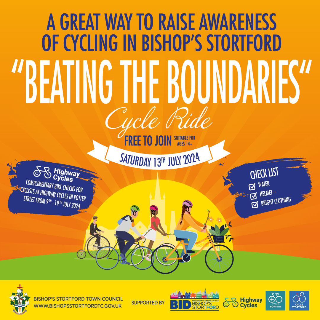 FREE CYCLING EVENT! Next Sunday 13 July. Organised by the Town Council and supported by Highway Cycles, Cycle Stortford, Cycle Positive and the BID. Pop into Tourist Information in Market Square for more details.

@tic_stortford @highway_cycles @cyclepositive @cyclestortford