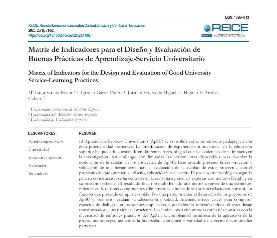 REICE (@rev_reice) on Twitter photo Artículo en prensa, ya disponible: "Matriz de Indicadores para el Diseño y Evaluación de Buenas Prácticas de Aprendizaje-Servicio Universitario",
por <a href="/mlsantospastor/">Marisa Santos-Pastor</a> , Ignacio Garoz, Jonathan Frutos de Miguel e Higinio F. Arribas-Cubero
.
revistas.uam.es/reice/article/…
<a href="/riadisaps/">RIADIS_ApS</a> Artículo en prensa, ya disponible: "Matriz de Indicadores para el Diseño y Evaluación de Buenas Prácticas de Aprendizaje-Servicio Universitario",
por <a href="/mlsantospastor/">Marisa Santos-Pastor</a> , Ignacio Garoz, Jonathan Frutos de Miguel e Higinio F. Arribas-Cubero
.
revistas.uam.es/reice/article/…
<a href="/riadisaps/">RIADIS_ApS</a>