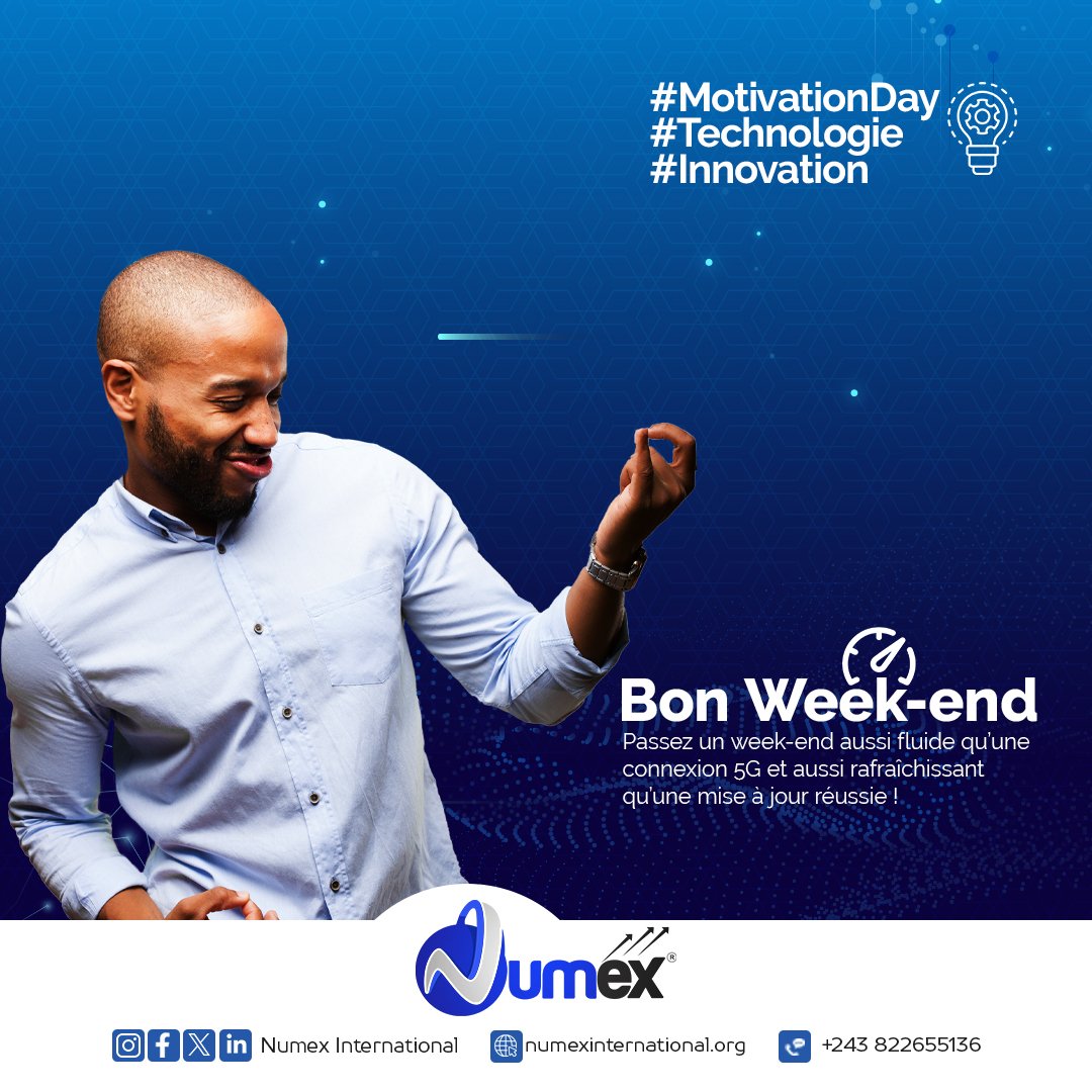 numexdrc's tweet photo. Prenez le temps de vous détendre et de recharger vos batteries. 

Que ces jours de repos vous apportent joie, sérénité et revitalisation.

Profitez pleinement de chaque instant. 

Bon week-end à tous !

#numex #technologie #Innovation #rdcongo https://t.co/BsWb08k6xV