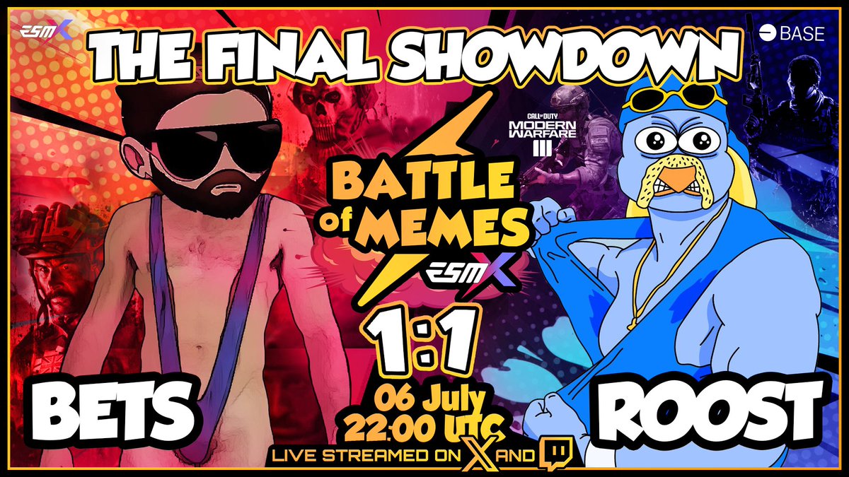 esmx_official's tweet photo. ⚡️ BATTLE OF MEMES FINAL ⚡️

It's time to settle it once and for all...  

Which one is the fiercest meme team of all?  

📅 Tonight 6 PM EST / 10 PM UTC

@AllStreetBetsV1 ⚡️ @RoostCoin 

📺 Watch it live here on on https://t.co/EtqqlzZov0!