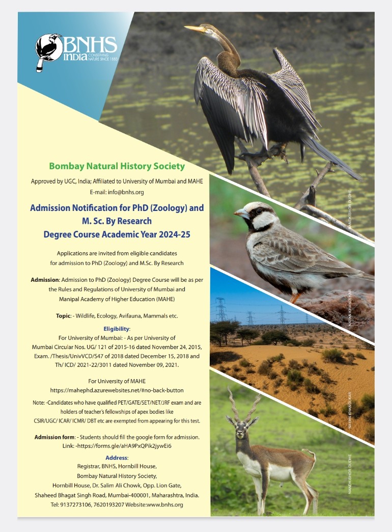 SujitSNarwade's tweet photo. BNHS Admission notification for PhD (zoology) and MSc by research FY 2024-25 https://t.co/vqTtUE0Iuy