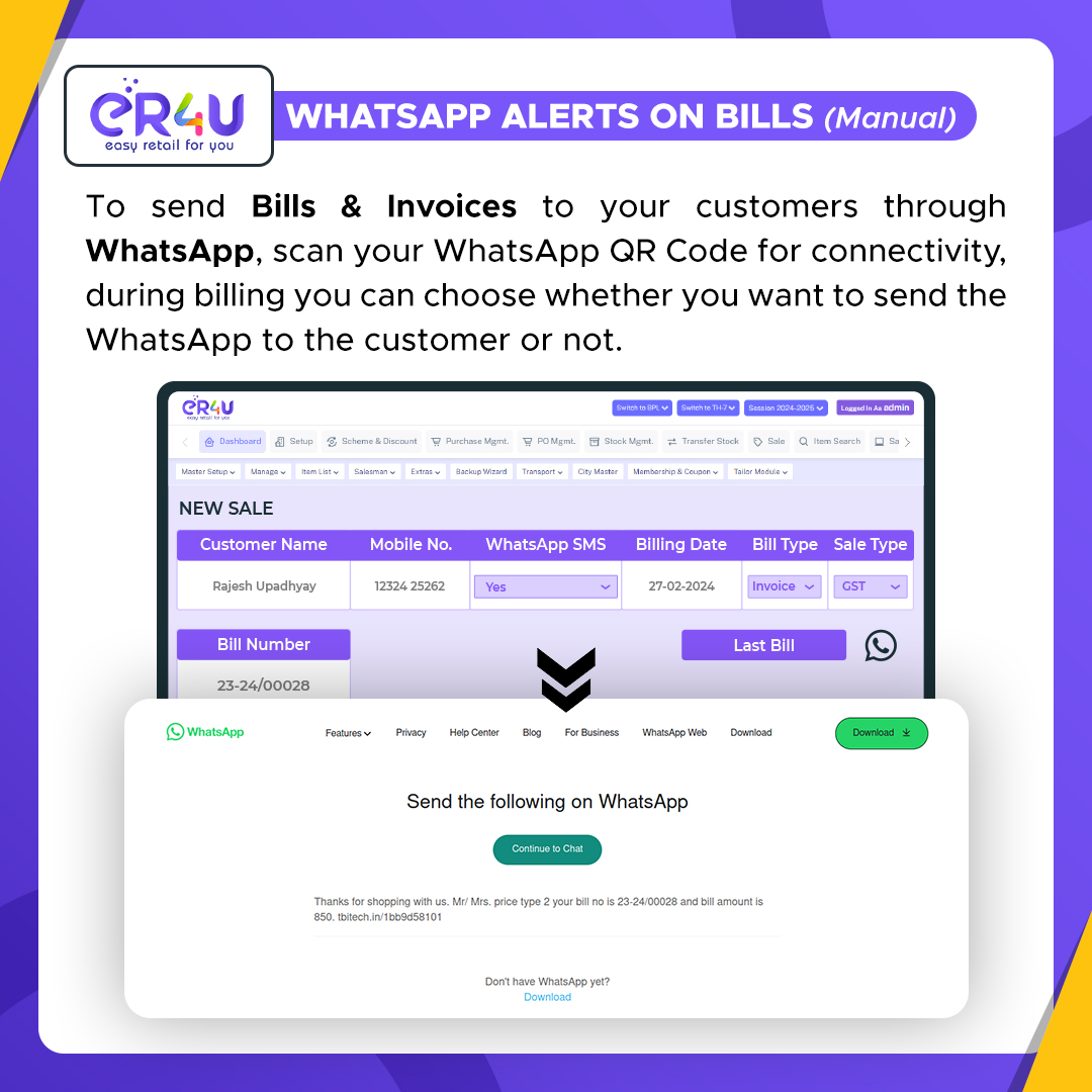 ER4Udotin's tweet photo. Ditch the paper trail!
Say goodbye to printing and mailing bills.  #ER4U lets you send invoices directly on WhatsApp!  📷
Scan our QR Code to connect.
Choose at checkout if you want the invoice sent via WhatsApp.
It's fast, convenient, and eco-friendly!  #ere4u #SMSAlerts https://t.co/Sl1LXpMm6L