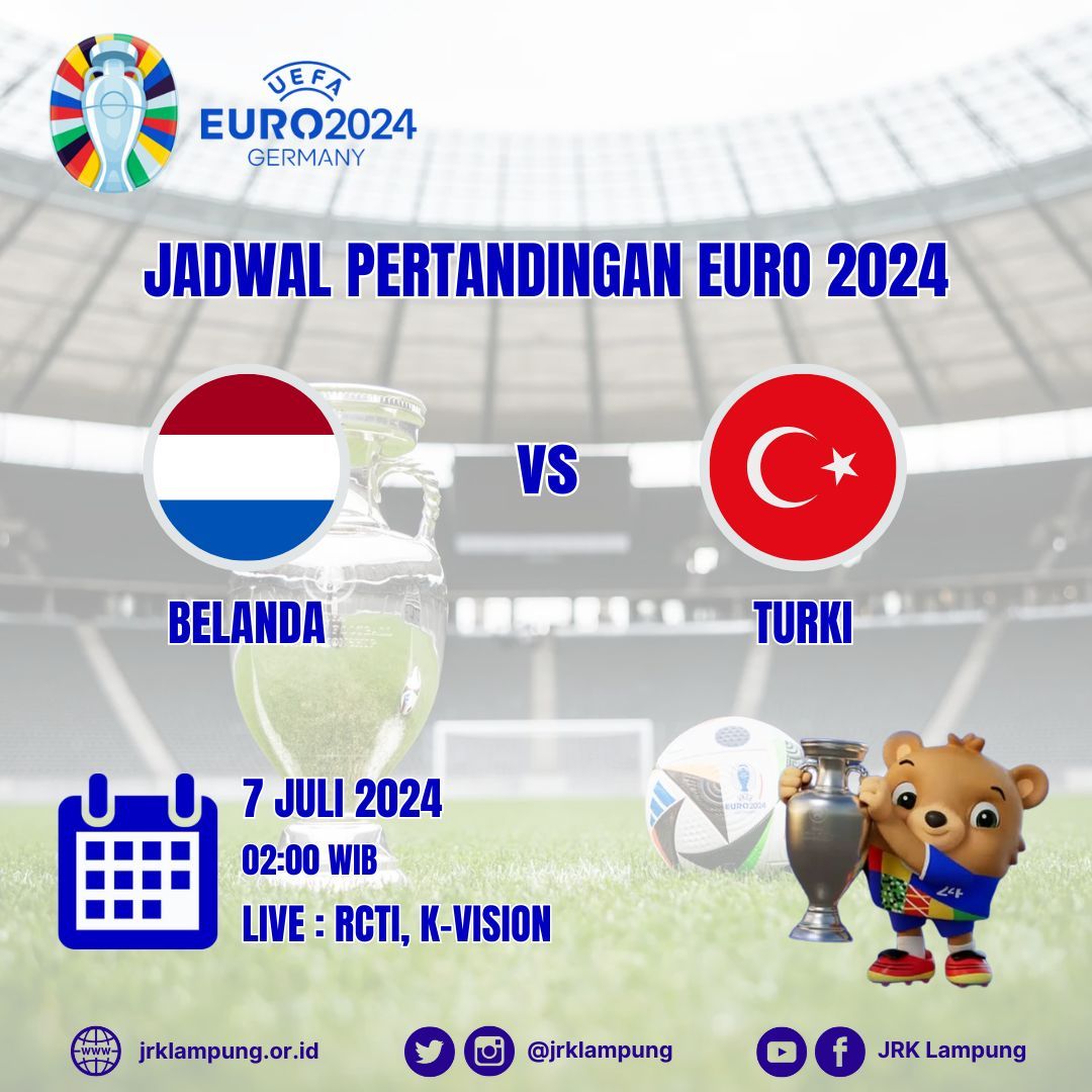Jadwal EURO 2024

Belanda vs Turki

7 Juli 2024 (02:00)

Live  RCTI &amp; K-Vision

#euro2024
#germany
#football
#sepakbola
#jrklampung
#jrkl
#lampung