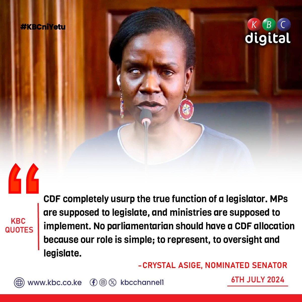 “CDF completely usurp the true function of a legislator. MPs are supposed to legislate, and ministries are supposed to implement."
Crystal Asige, Nominated Senator
#KBCniYetu ^RO