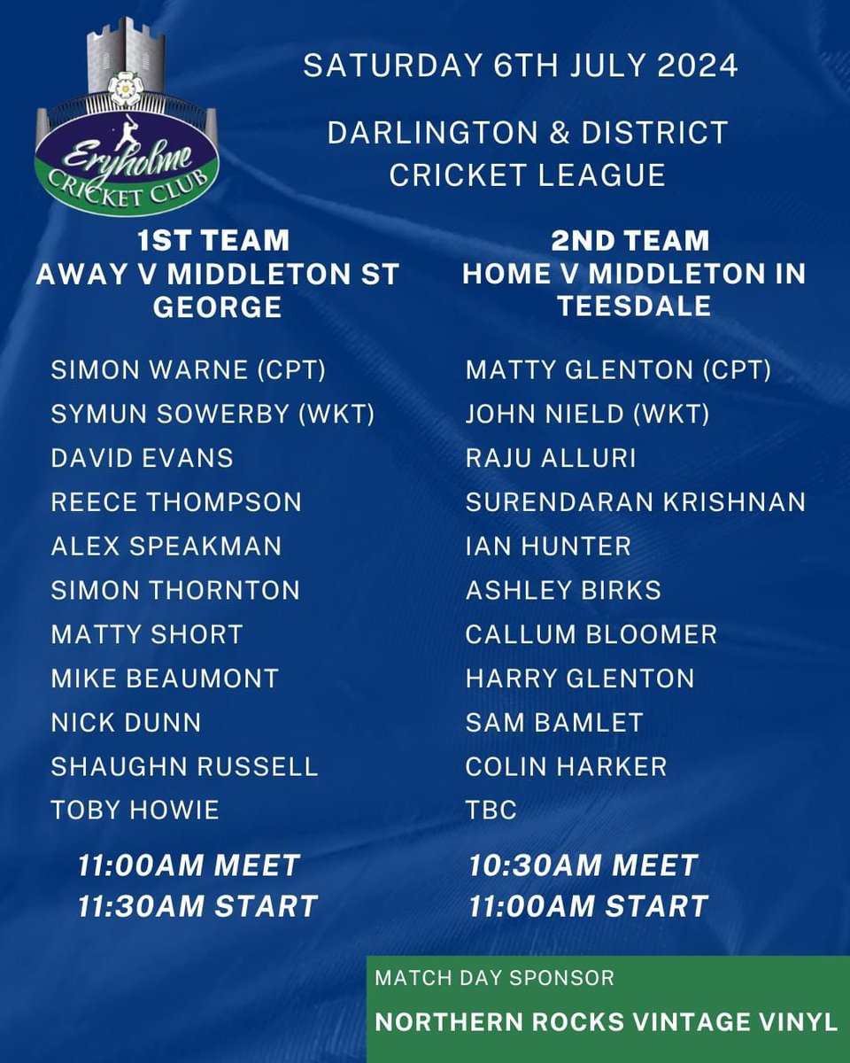 Today's teams as both games start early  to coincide with the England game at 5pm. Let's hope for another round of positive results for both side (and England!).

Thanks to this week's match day sponsor Northern Rocks Vintage Vinyl at Kiwi Trading. <a href="/PhillyDunn/">Phil Dunn</a> 

🏏

#UpTheHolme