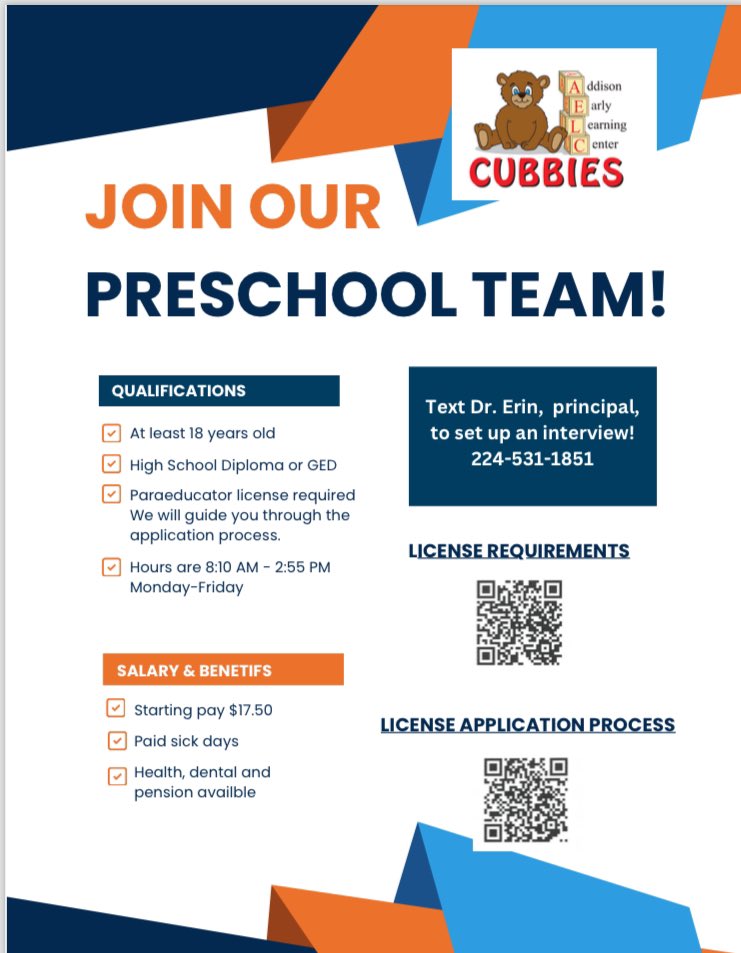 Hola Comunidad Addison💚,
Si están interesados en trabajar en el distrito escolar de Addison, con los niñitos de la escuela pre-escolar AELC……por favor de leer este folleto
⬇️⬇️☺️🧸💚⬇️⬇️