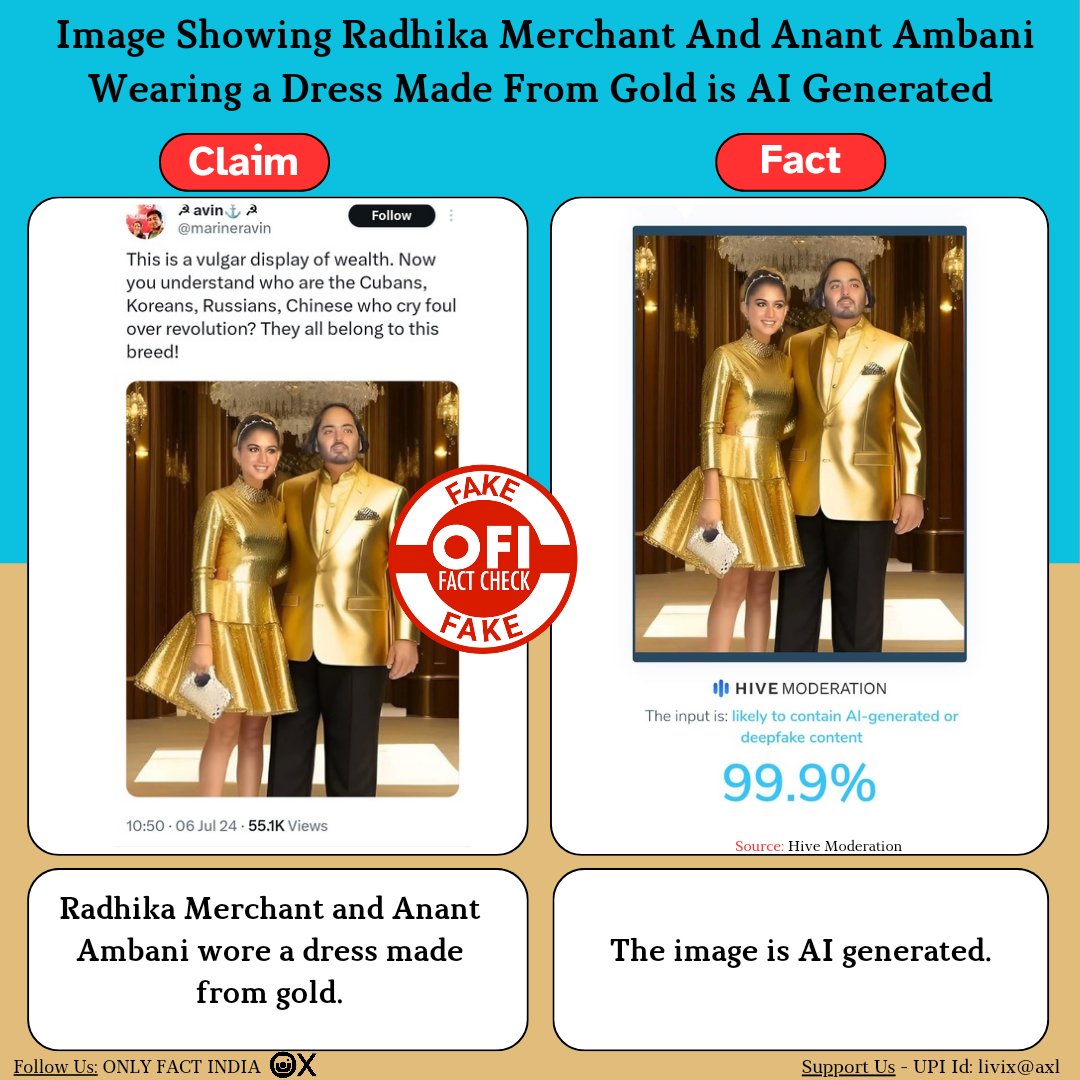 The image of Radhika Merchant and Anant Ambani wearing a dress made of gold is AI-generated. The image of Radhika Merchant and Anant Ambani wearing a dress made of gold is AI-generated.