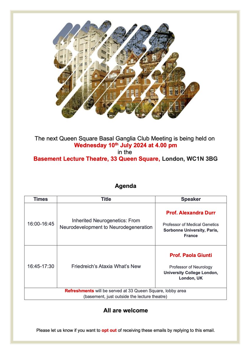 Francesca Magrinelli (@framagrinelli) on Twitter photo 🚨NEW VENUE🚨 Next QS Basal Ganglia Club Meeting - 33 Queen Square - July 10, 2024 - 4 pm. Speakers: Prof. Alexandra Durr from <a href="/InstitutCerveau/">Institut du Cerveau - Paris Brain Institute</a> & Prof. Paola Giunti from <a href="/AtaxiaCentreUCL/">Ataxia Centre - UCL Institute of Neurology</a>. All welcome. <a href="/UCLIoN_DCMN/">Clinical and Movement Neurosciences @ UCL IoN</a> <a href="/MDC_IoN_UCL/">MovementDisordersUCL</a> <a href="/UCLIoN/">UCL Queen Square Institute of Neurology</a> <a href="/UCLBrainScience/">UCL Brain Sciences</a> <a href="/kailashbhatia/">Kailash Bhatia,</a> Please RT 🔁 🚨NEW VENUE🚨 Next QS Basal Ganglia Club Meeting - 33 Queen Square - July 10, 2024 - 4 pm. Speakers: Prof. Alexandra Durr from <a href="/InstitutCerveau/">Institut du Cerveau - Paris Brain Institute</a> & Prof. Paola Giunti from <a href="/AtaxiaCentreUCL/">Ataxia Centre - UCL Institute of Neurology</a>. All welcome. <a href="/UCLIoN_DCMN/">Clinical and Movement Neurosciences @ UCL IoN</a> <a href="/MDC_IoN_UCL/">MovementDisordersUCL</a> <a href="/UCLIoN/">UCL Queen Square Institute of Neurology</a> <a href="/UCLBrainScience/">UCL Brain Sciences</a> <a href="/kailashbhatia/">Kailash Bhatia,</a> Please RT 🔁