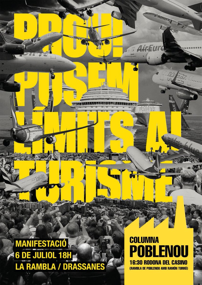 Ha arribat el dia!🥁
📢 Avui ens trobem als carrers i #PosemLímitsAlTurisme

✊️ El veïnat de #Poblenou sortim en columna cap a la mani unitaria #PoblenouDiuProu

⏰️ 16:30
📌 Rodona del Casino (Rambla-Ramón Turró)