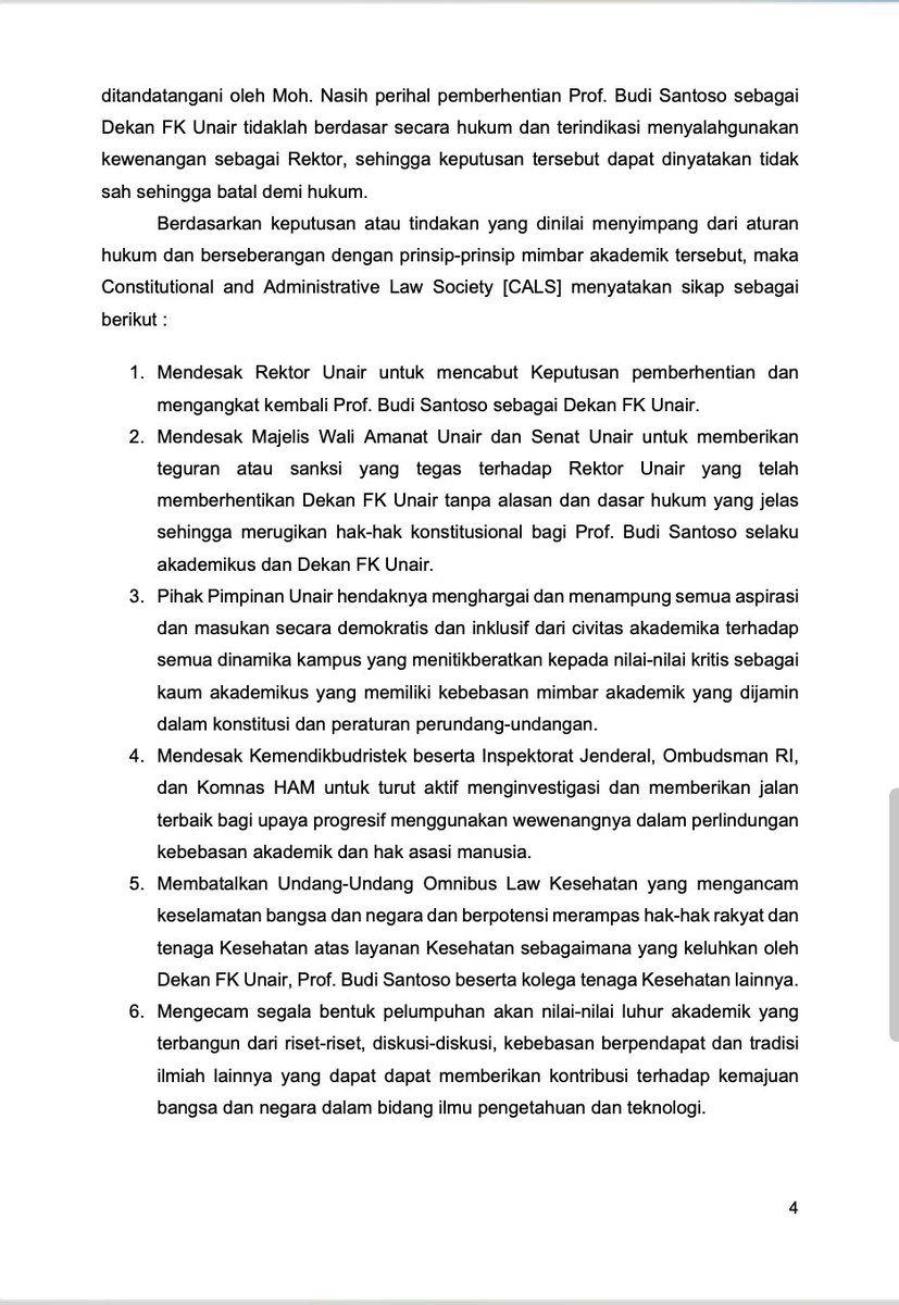 [CALS]
Constitutional and Administrative Law Society

Surat Terbuka kepada :
- Menteri Pendidikan, Kebudayaan, Riset dan Teknologi Republik Indonesia 
- Kepala Ombudsman Republik Indonesia
- Ketua Komisi Nasional Hak Asasi Manudia Republik Indonesia Rektor, Majelis Wali Amanat,