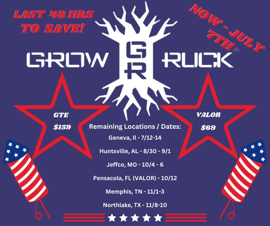 🚨🚨🚨Final 48 hrs of our 4th of July Freedom Sale!!🚨🚨🚨 Come take advantage of the opportunity to strengthen your region by enhancing your leadership skills!  Soooo many options to finish this year stronger!

Growruck.com