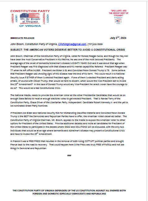 Do not place <a href="/VP/">Vice President JD Vance</a> and certainly not the yet to be named VP Donald Trump selects to invoke the 25th Amendment to remove them as President should they lose the mental capacity to govern, that would create a Constitutional Crisis and place America at risk if either of the is elected.
