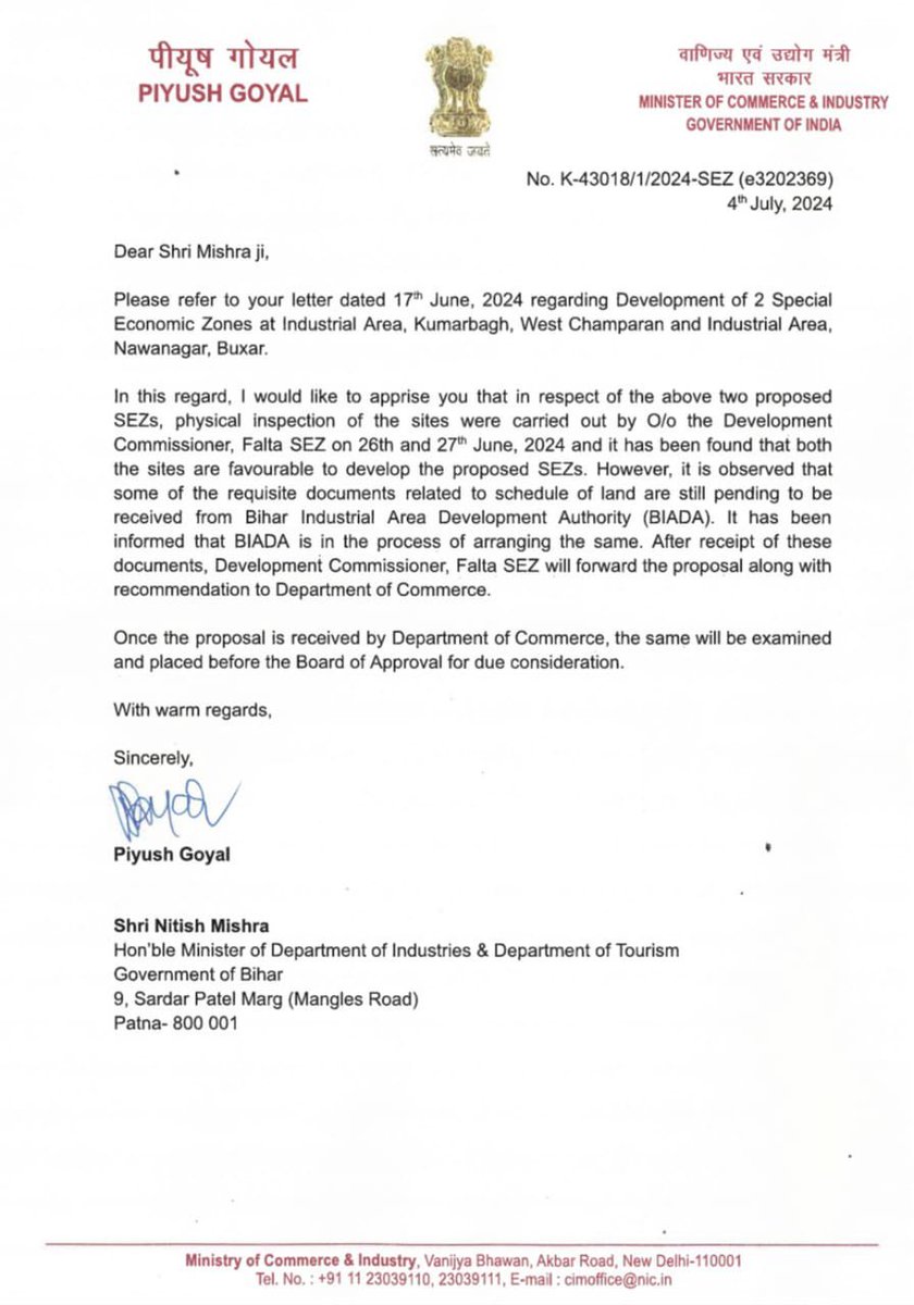 Bihar_Sansad's tweet photo. Unpacking Bihar's SEZ progress: With favorable site evaluations completed, Bihar inches closer to establishing SEZs in Kumarbagh and Nawanagar. The delay in document submission from BIADA prompts scrutiny on the ground reality versus political rhetoric. #SEZDevelopment #GroundTruth #ElectionYear
