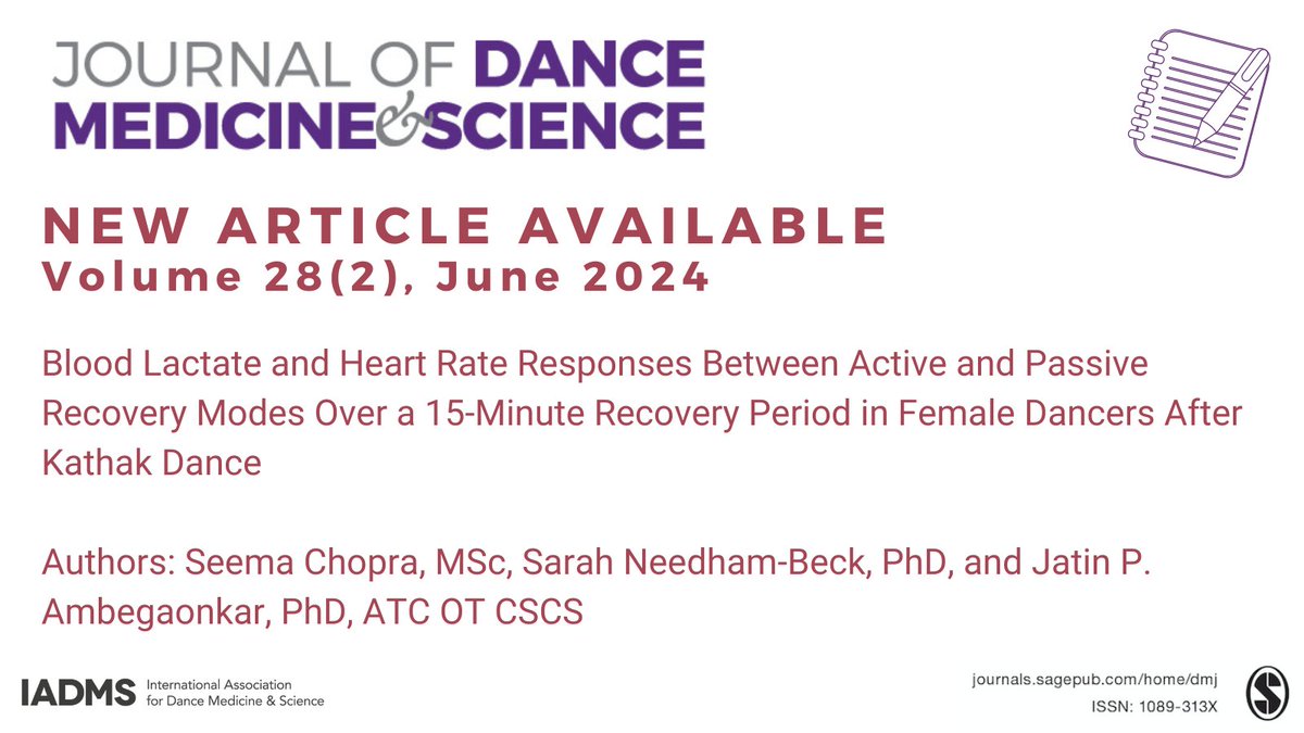 Dancers’ blood lactate and heart rate responses were similar across time in both active and passive recovery, with HR being higher in AR. Kathak dancers therefore can choose either AR or PR as their recovery mode based on their individual preferences. journals.sagepub.com/doi/full/10.11…