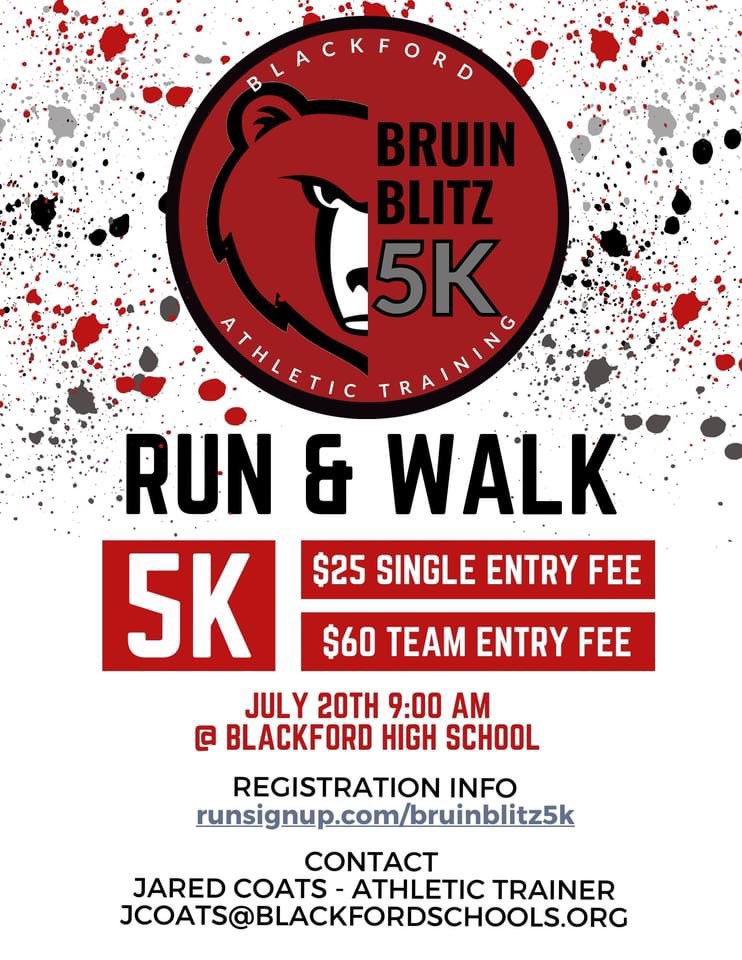 ecirunner's tweet photo. There’s a NEW 5K in ECI this summer at Blackford HS on Sat, July 20th!

Run as an individual or in a group of 3 to help longtime ECI XC Enthusiast @Jared_CoatsATC raise money for the Blackford AT Program!   

Register today for the Bruin Blitz 5K! 
https://t.co/5B4E3pbEIt https://t.co/dRCvb0IIho