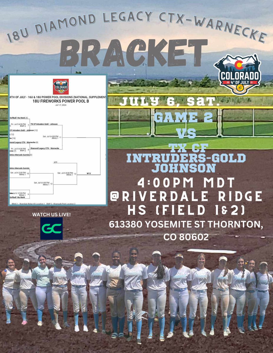 2-0 in bracket play and 1 game away from the Championship bracket!! Come out to our game at 4pm today!! Details below...Let's go teammates! Let's continue the fight!! <a href="/LegacyCTX18U/">Diamond Legacy CTX - Warnecke</a> <a href="/GCU_Softball/">GCU Softball</a> <a href="/COSparkFire/">CO 4th of July</a> <a href="/TCSFastpitch/">TC Fastpitch</a>