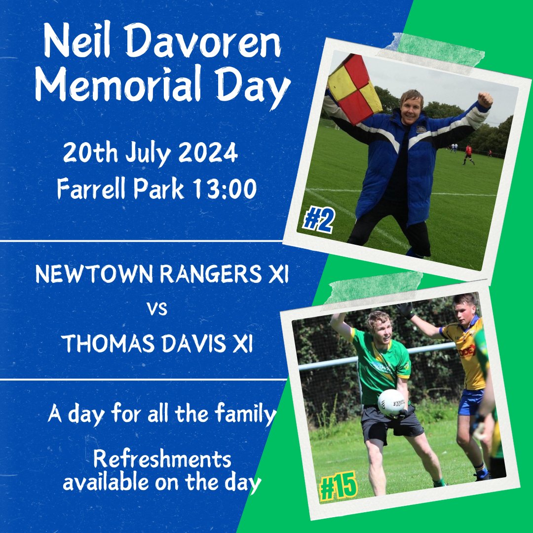 We will be holding a Memorial Day for former player Neil Davoren, who sadly passed away earlier this year. Neil was a much loved player for both Newtown Rangers AFC and Thomas Davis GAA for many years.
🔵⚪️🫱🏻‍🫲🏼🟢🟡
<a href="/tomasdaibhis/">ThomasDavisGAAClub</a> <a href="/TallaghtComCo/">Tallaght Community Council  (RCN)20012335</a> 
<a href="/LSLLeague/">Leinster Senior League</a>