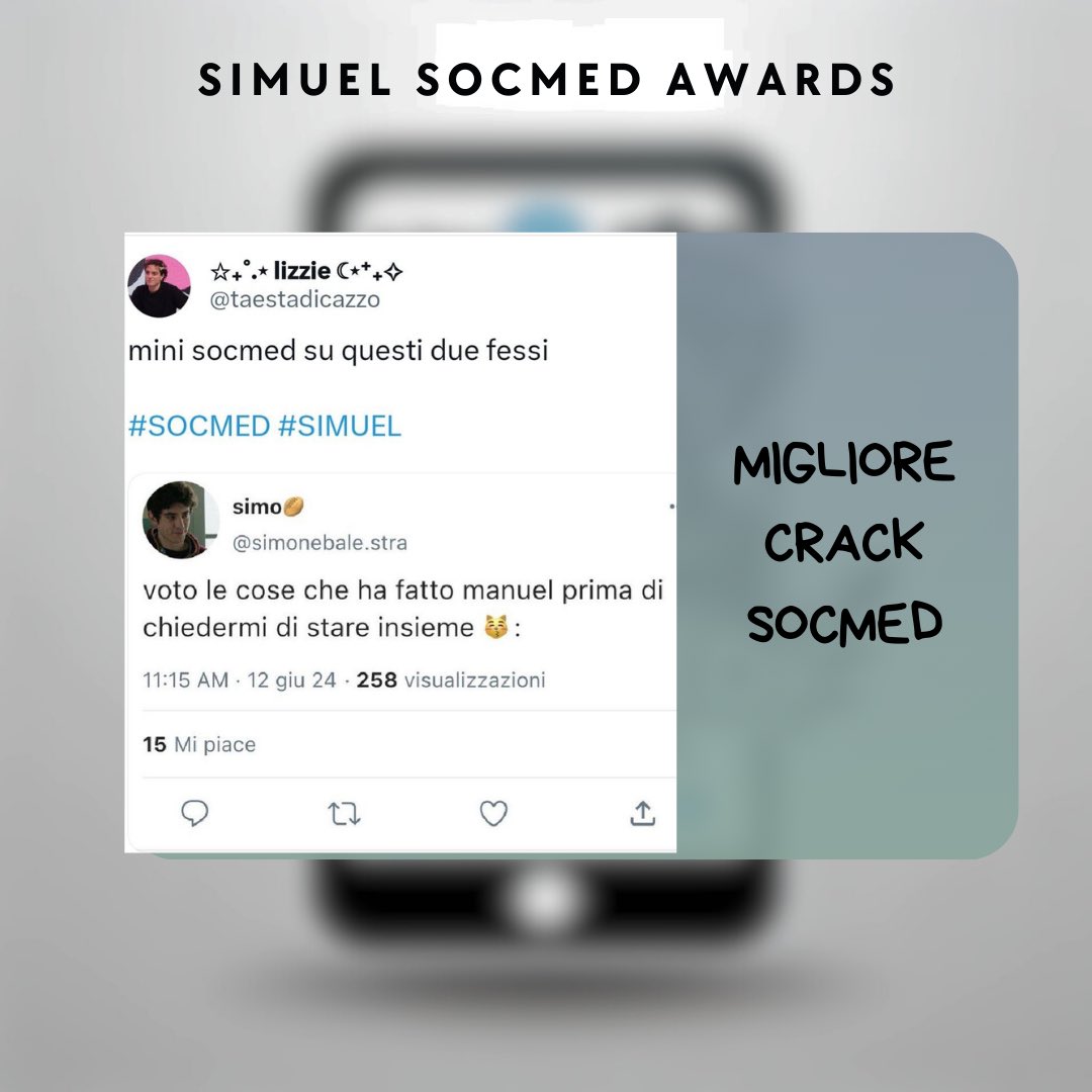 Si aggiudica il premio

📱 Migliore Crack SocMed 📱

<a href="/taestadicazzo/">lizzie ˗ˏˋ 🍓 ˎˊ˗</a>!