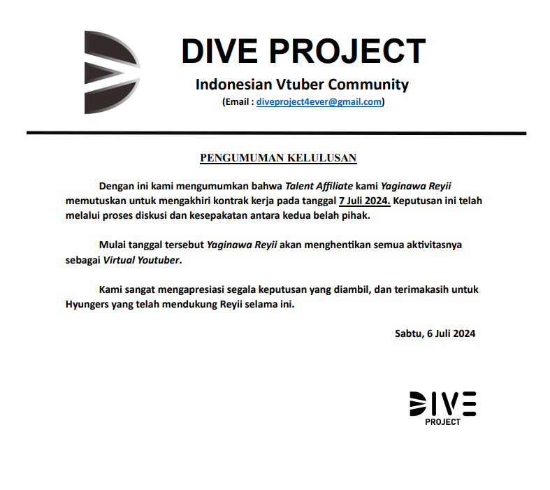 diveproject9's tweet photo. Pengumuman mengenai Yaginawa Reyii. https://t.co/amr2hfejQ8