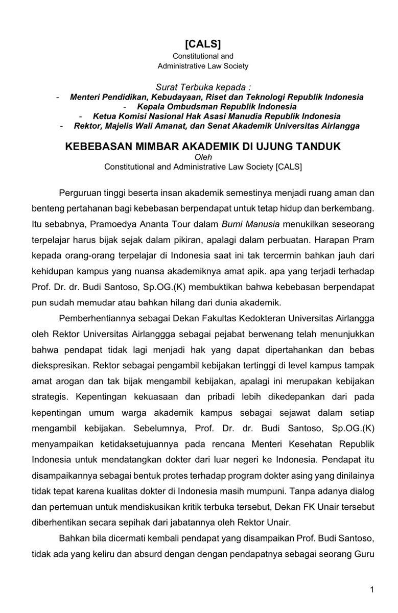 Cakhimawan's tweet image. Surat Terbuka Kajian Hukum CALS (Bvitri Susanti Dkk) Terhadap Kedzaliman Pemecatan Prof BUS -Dekan FK Unair- 

Ksatria Airlangga Berduka
Kampus Penjaga Peradaban diobrak-abrik Para Cukong Penyembah Oligarki
Lawan! Lawan! Lawan!

#SaveProfBUS 
#SaveKebebasanMimbarAkademik