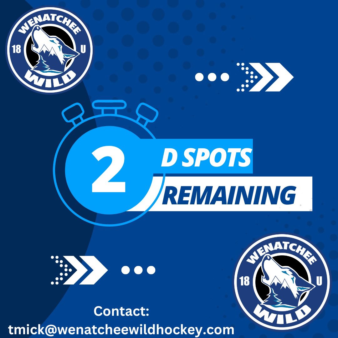 Down to our last 2 D spots for our 18U team for this coming season. Email tmick@wenatcheewildhockey.com for more information.