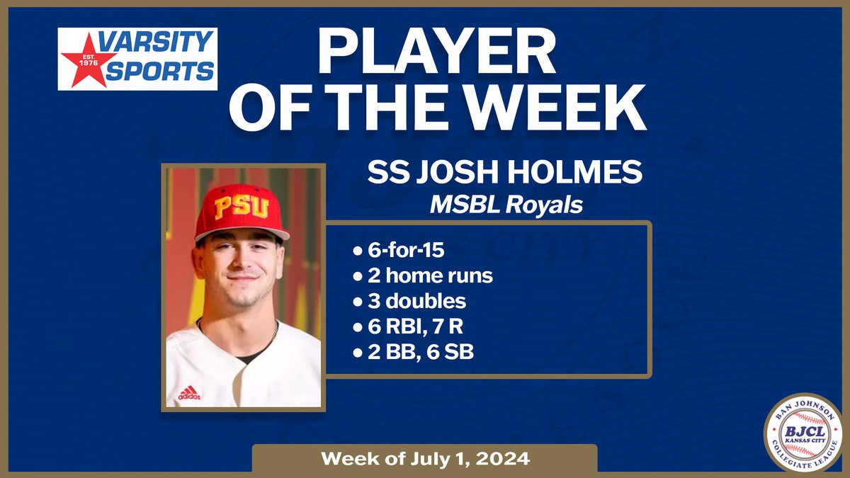 BanJohnsonBSB (@banjohnsonbsb) on Twitter photo Congratulations to Varsity Sports Player of the Week, MSBL Royals SS <a href="/joshho1mes/">Josh Holmes</a> (<a href="/GorillasBSB/">Pitt State Baseball ⚾️</a>)! #BJCL Congratulations to Varsity Sports Player of the Week, MSBL Royals SS <a href="/joshho1mes/">Josh Holmes</a> (<a href="/GorillasBSB/">Pitt State Baseball ⚾️</a>)! #BJCL