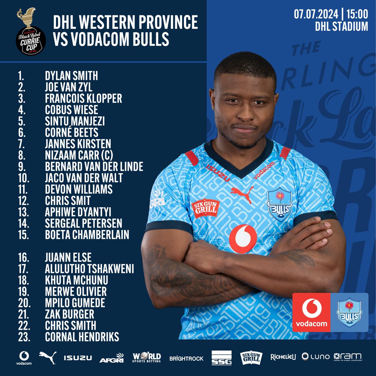 ‼️Team Announcement‼️

🗓️07 July 
🐂Vodacom Bulls vs DHL Western Province 
⏰15:00 
📍DHL Stadium 

#BackTheBulls | #DefendTheHerd