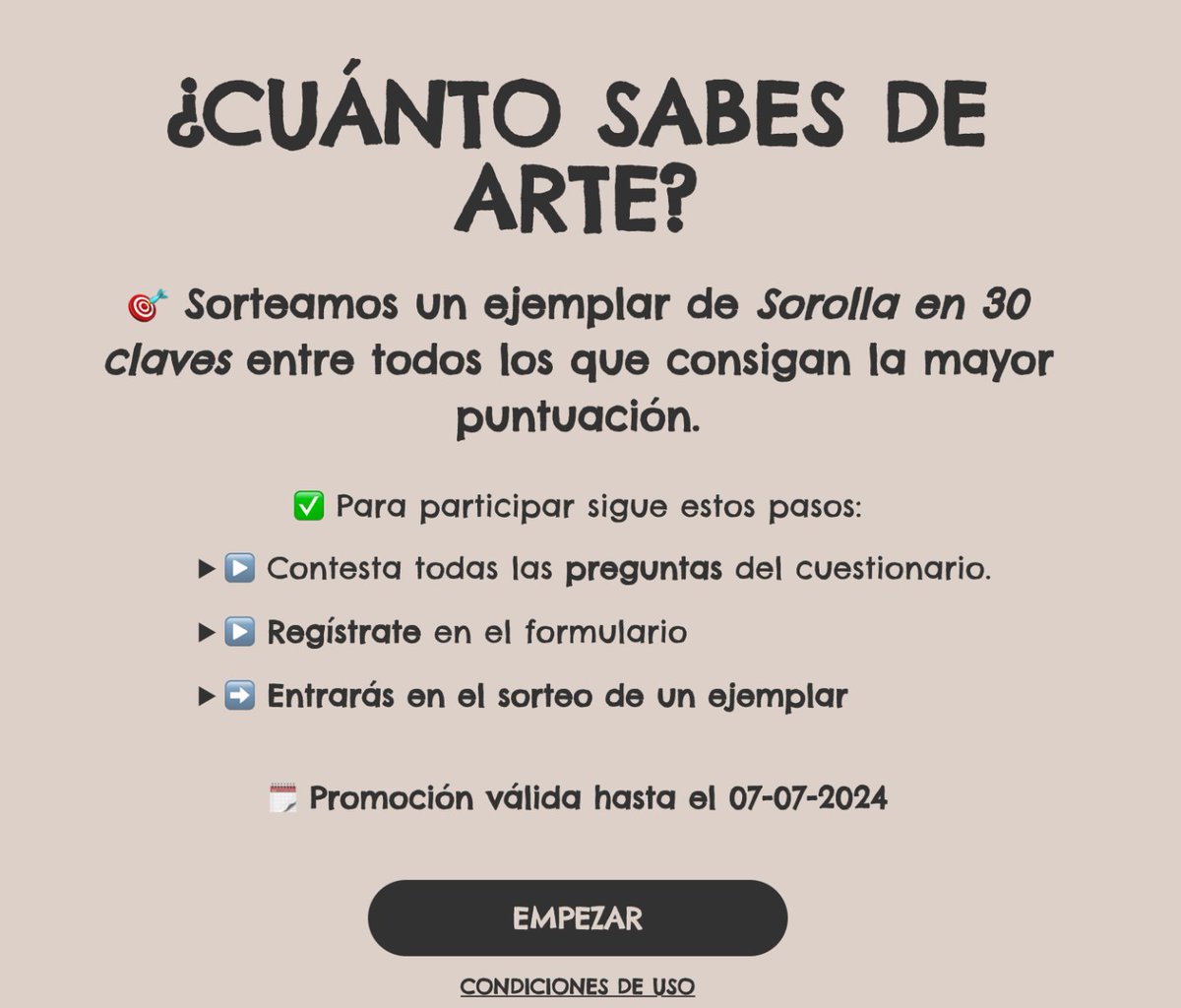 Larousse_ESP's tweet photo. ¡Haz el test Larousse sobre arte y participa en el sorteo de un ejemplar de "Sorolla en 30 claves"!
👉https://t.co/z63k3MTfpI
Hasta el 7/07 a las 0h, el lunes 8/07 anunciamos ganador/a (envío del premio dentro de España), ¡mucha suerte! #TestLarousse https://t.co/xL14TBZAWX