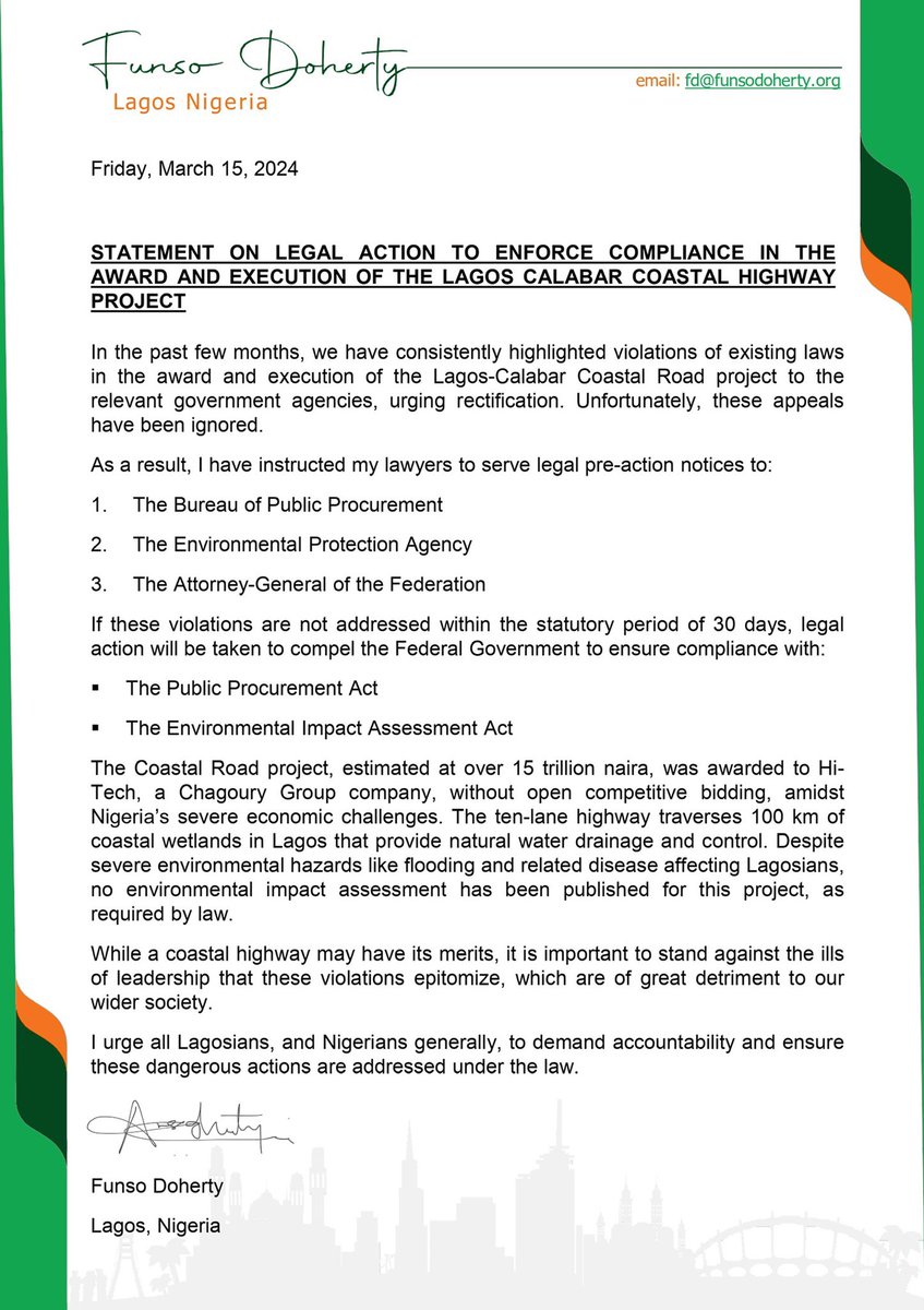 funsodoherty's tweet photo. We are taking legal action to enforce compliance with the law on the Lagos Calabar Coastal Road project. Government adherence to law and due process clearly cannot be assumed. It’s our duty to insist on leadership doing the right thing. https://t.co/weOunH7nz2
