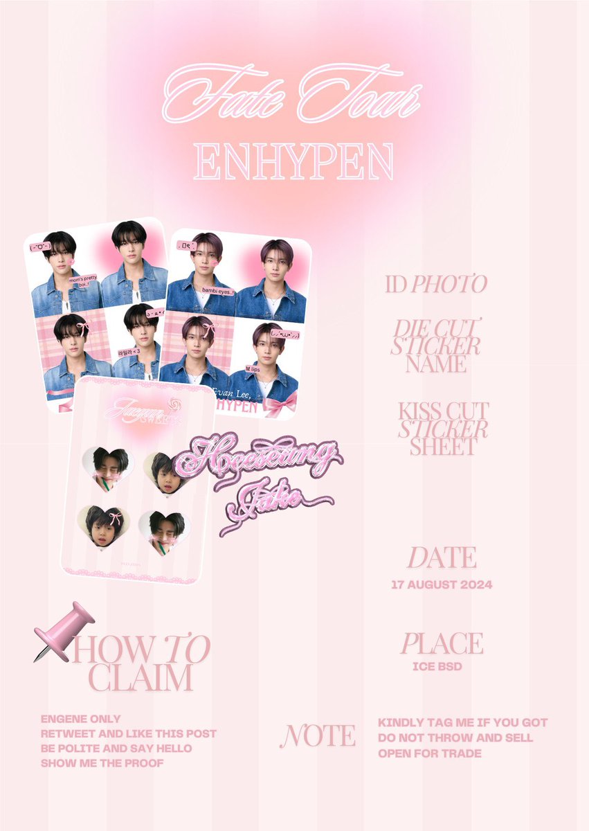 ♡ #heebies : fate+ in jakarta! ♡

details on pic. limited qty for the kisscut sticker ౨ৎ⋆˚｡⋆

🍥 see you, engenes!

꒰ t … freebies concert enhypen #FATEPLUS_IN_JAKARTA ꒱