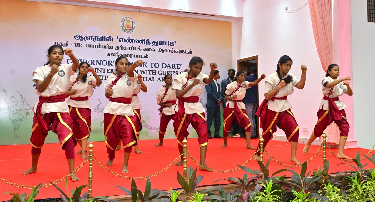 lokbhavan_tn's tweet photo. Governor Ravi, during his engaging interaction with the Gurus and practitioners of traditional martial arts at the #ThinkToDare event at the Raj Bhavan Chennai highlighted the traditional martial arts of Tamil Nadu as proud civilizational heritage of Bharat and the mother of various martial arts in several countries of Asia. He praised the Gurus and practitioners who have kept this timeless legacy alive and vibrant. Highlighting the holistic benefits, the Governor explained how these martial arts help unify body, mind, and emotions of their practitioners and crucial for holistic personality development. He urged for their greater acceptance and introduction into the school curriculum ensuring wholesome personality development of our youth and a dignified life for the Gurus. He reaffirmed his unwavering commitment to promoting our traditional martial arts.