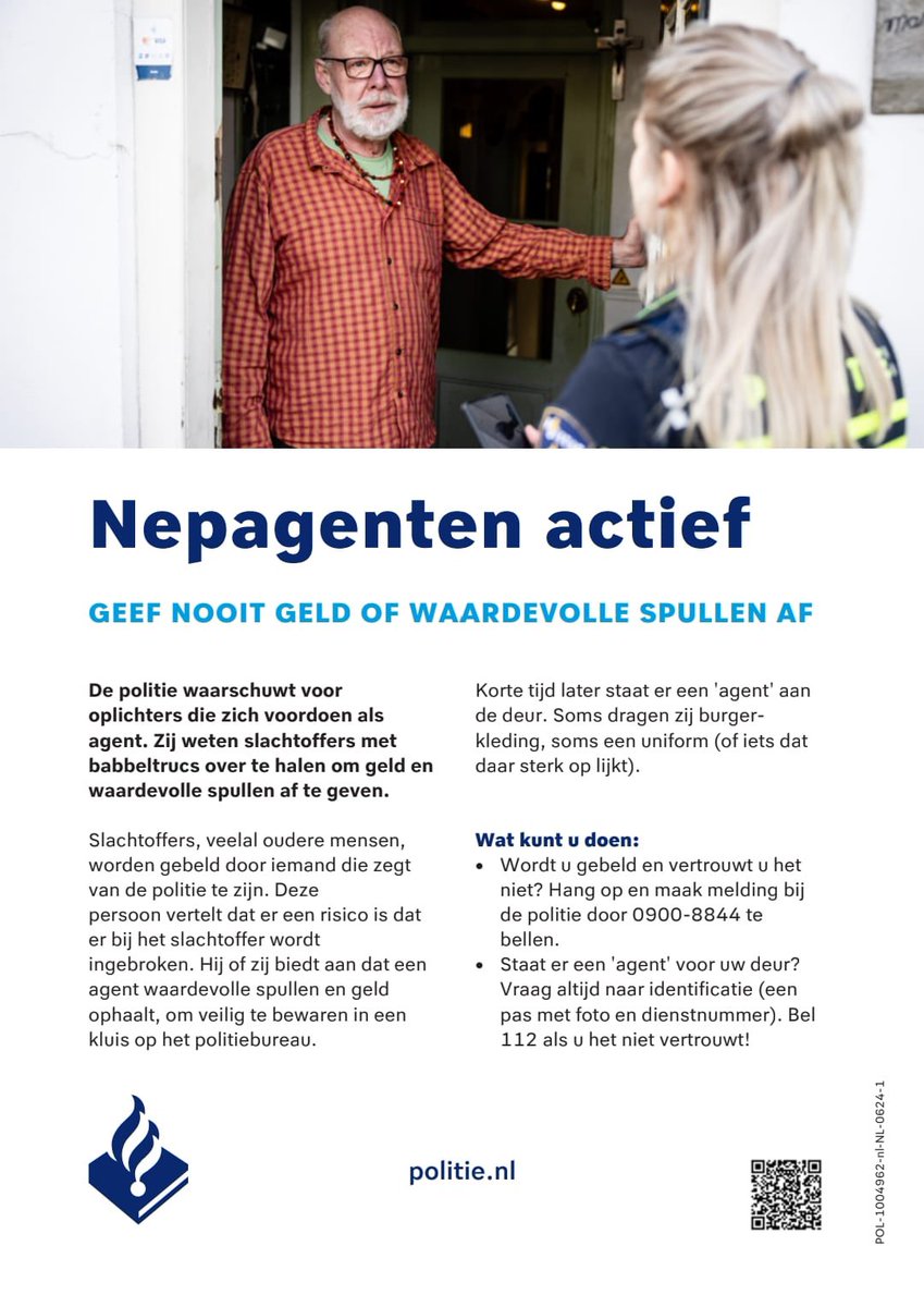 In onze politie-eenheid zijn nepagenten actief. Wees alert en volg de tips om bijgaande folder op! #oplichters #babbeltrucs