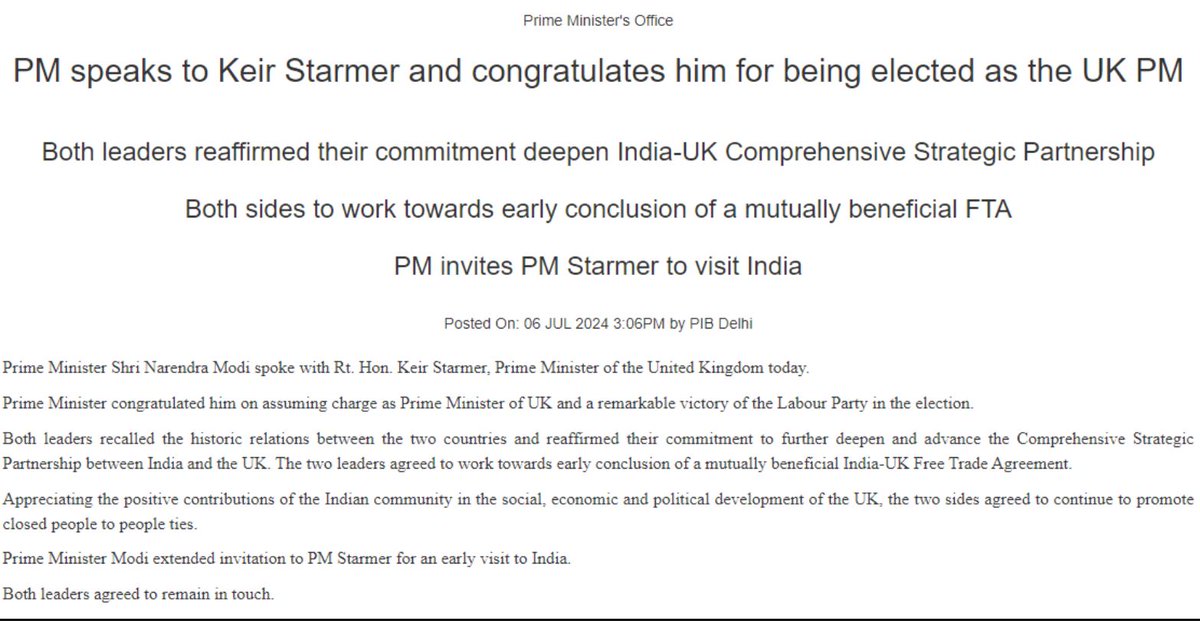 UpendrraRai's tweet image. PM @narendramodi spoke with @Keir_Starmer, United Kingdom PM today. #PMModi congratulated him on assuming charge as #UKPM and a remarkable victory of the Labour Party in the election. PM Modi extended invitation to PM Starmer for an early visit to India. @PMOIndia