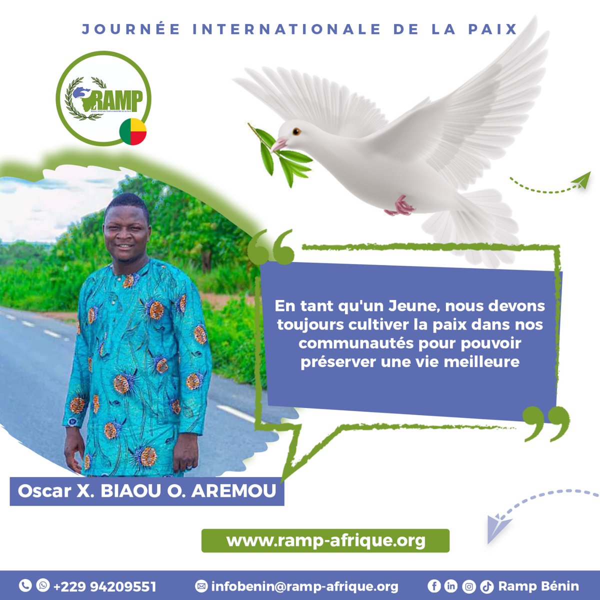 rampbenin's tweet photo. [Journée internationale de la Paix 24]

ACTE 23

<<En tant que jeune nous devons  cultiver la Paix dans nos communautés pour pouvoir préserver une vie meilleure>> Oscar BIAOU

Pour la Paix, engageons-nous!

La Paix, l'Afrique y gagne!

#100JourPourlaPaix
#HD4P https://t.co/OeMU3wz5UR