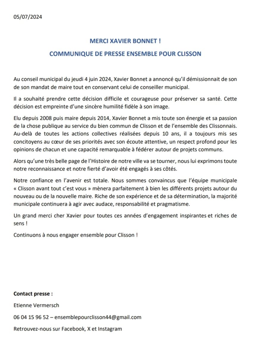 Cher <a href="/XavierBONNET/">BONNET Xavier</a>
Merci infiniment pr :
- ta décision courageuse et humble qui t'honore
- ces très belles années d'engagement riches de sens et inspirantes
- ta confiance en l'avenir décuplant notre ambition de nous engager à #Clisson
Retrouvez le communiqué <a href="/EnsembleClisson/">Ensemble pour Clisson</a> ⬇️
