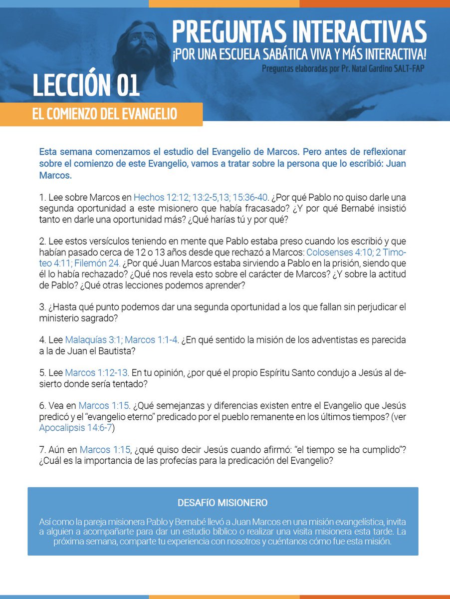 bill_quispe's tweet photo. ¿Deseas realizar un repaso de la lección más dinámico, con una mayor participación de tus alumnos y con un enfoque en la misión? Te compartimos preguntas interactivas de la lección # 1 “El comienzo del evangelio”. #EscuelaSabaticaViva https://t.co/W1xZn06Sfn