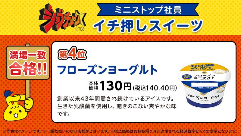 ministopfan's tweet image. ４位
「 #フローズンヨーグルト 」
満場一致の合格ミミ～⭐

４３年間愛され続ける味♪
食べてみてほしいミミ～

ここまで７品連続合格🎖
あれ？いけるかも…！？
#ジョブチューン #ミニストップ #ヨーグルト