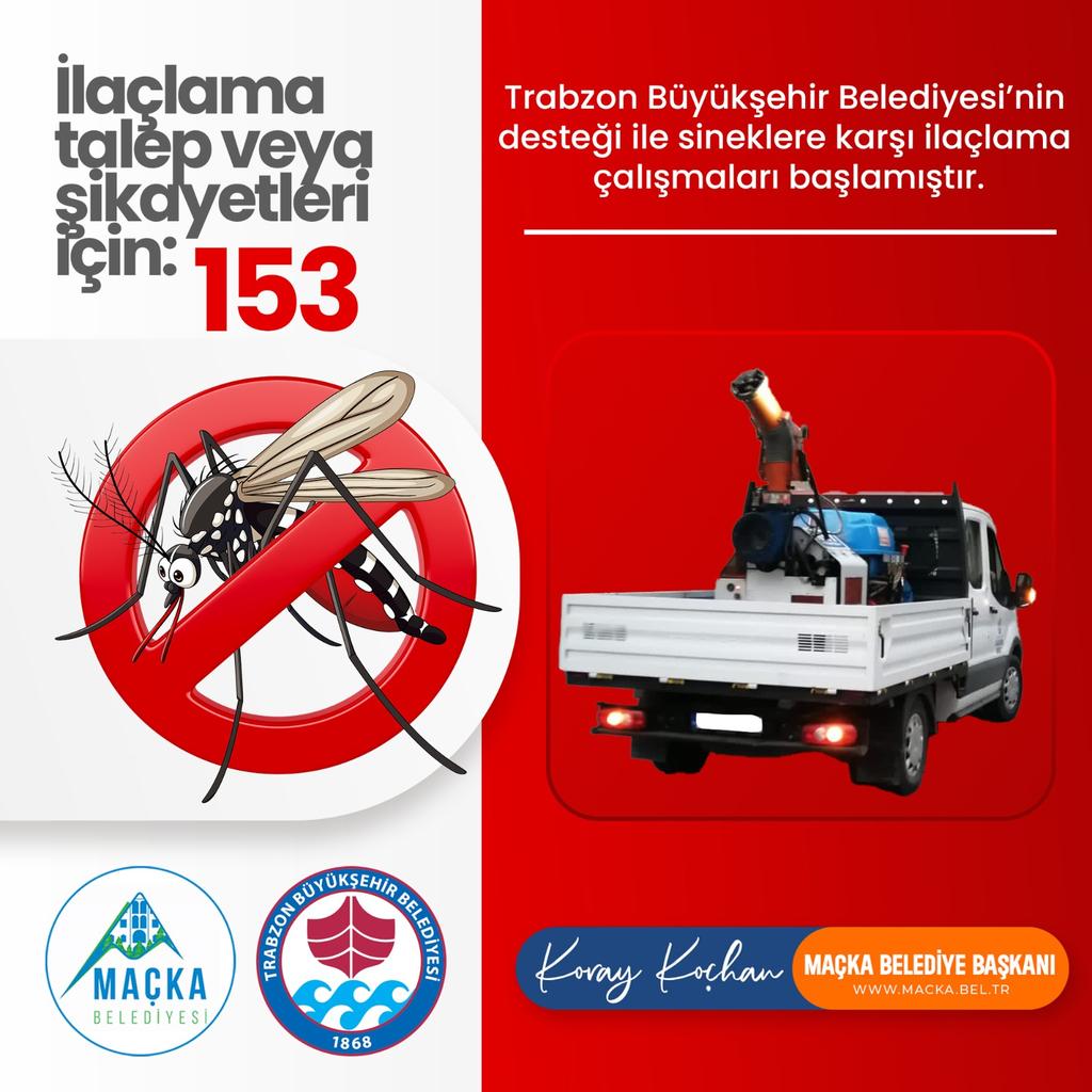 Trabzon Büyükşehir Belediyesi desteği ile sineklere karşı ilaclama  çalışmaları başlamıştır.
İlaclama talep veya şikayetler için: 153 arayabilirsiniz...